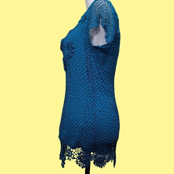Y2K Crochet Top 3D Flowers Turquoise Blue Size M Boho Fairy - Picture 6 of 9